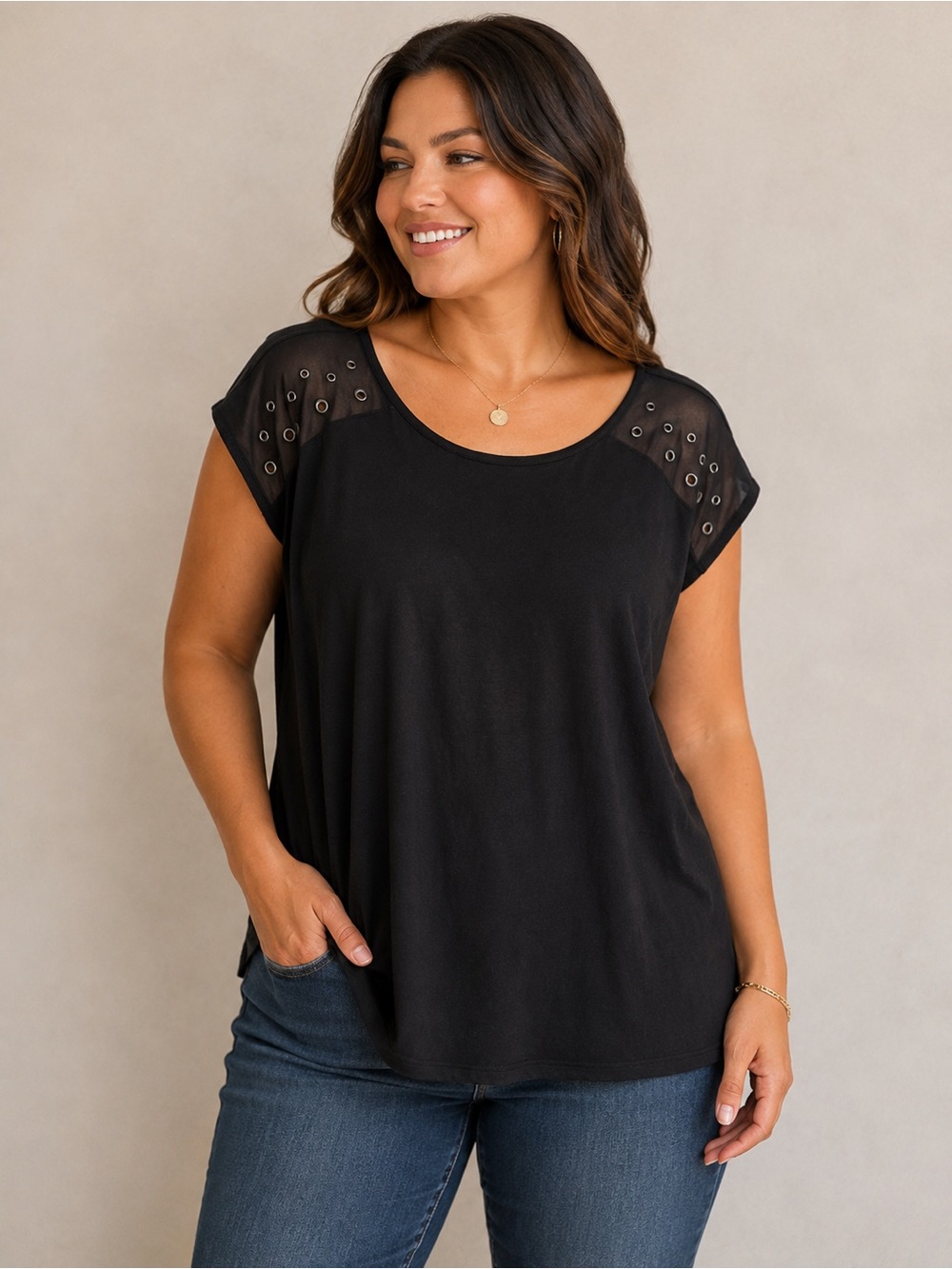 Worthington Women’s Black Grommet Detail Top – Size XL